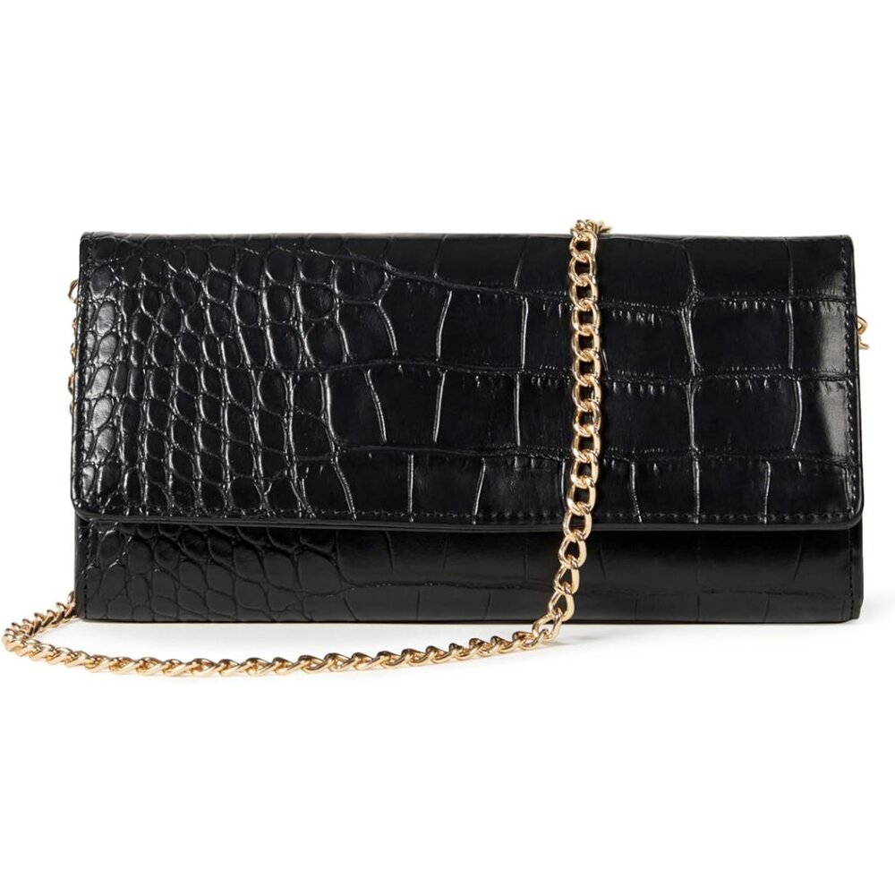 The Drop Women's Leroya Wallet on Chain Crossbody, Black with Gold Chain